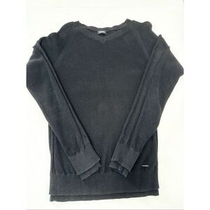 Diesel Men’s Knit Cotton Black Vneck Sweater Metal Logo Size M